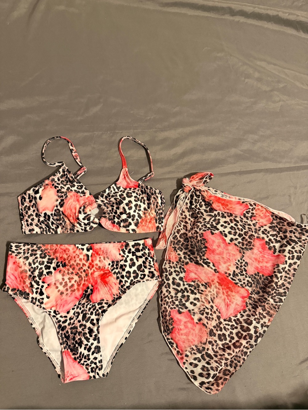 Kids Floral Leopard Print Bikini Set with Cover-Up - Pink